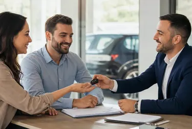 Despachante auxiliando cliente com a transferência de veículo.
