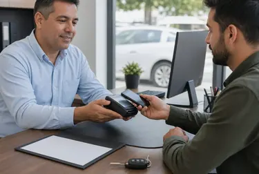 Despachante auxiliando um cliente com pagamento de débitos de veículo.