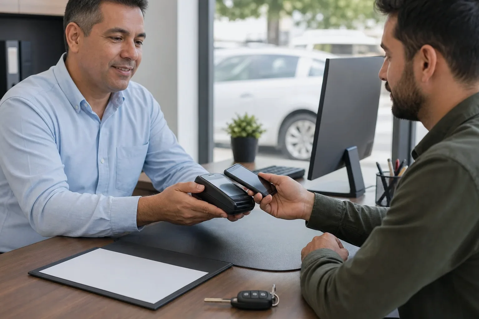 Despachante auxiliando um cliente com pagamento de débitos de veículo.