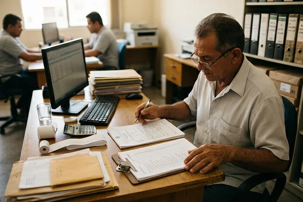 Documentos sendo organizados para emplacamento de veículo no despachante.