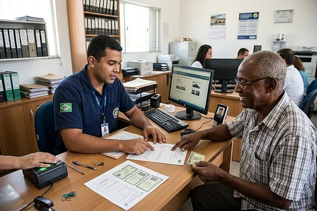 Profissional auxiliando um cliente na renovação da CNH.